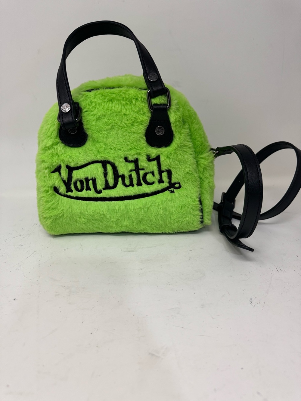 Von Dutch Neon Green Faux Fur Mini Bag with Black Accents with straps preowned